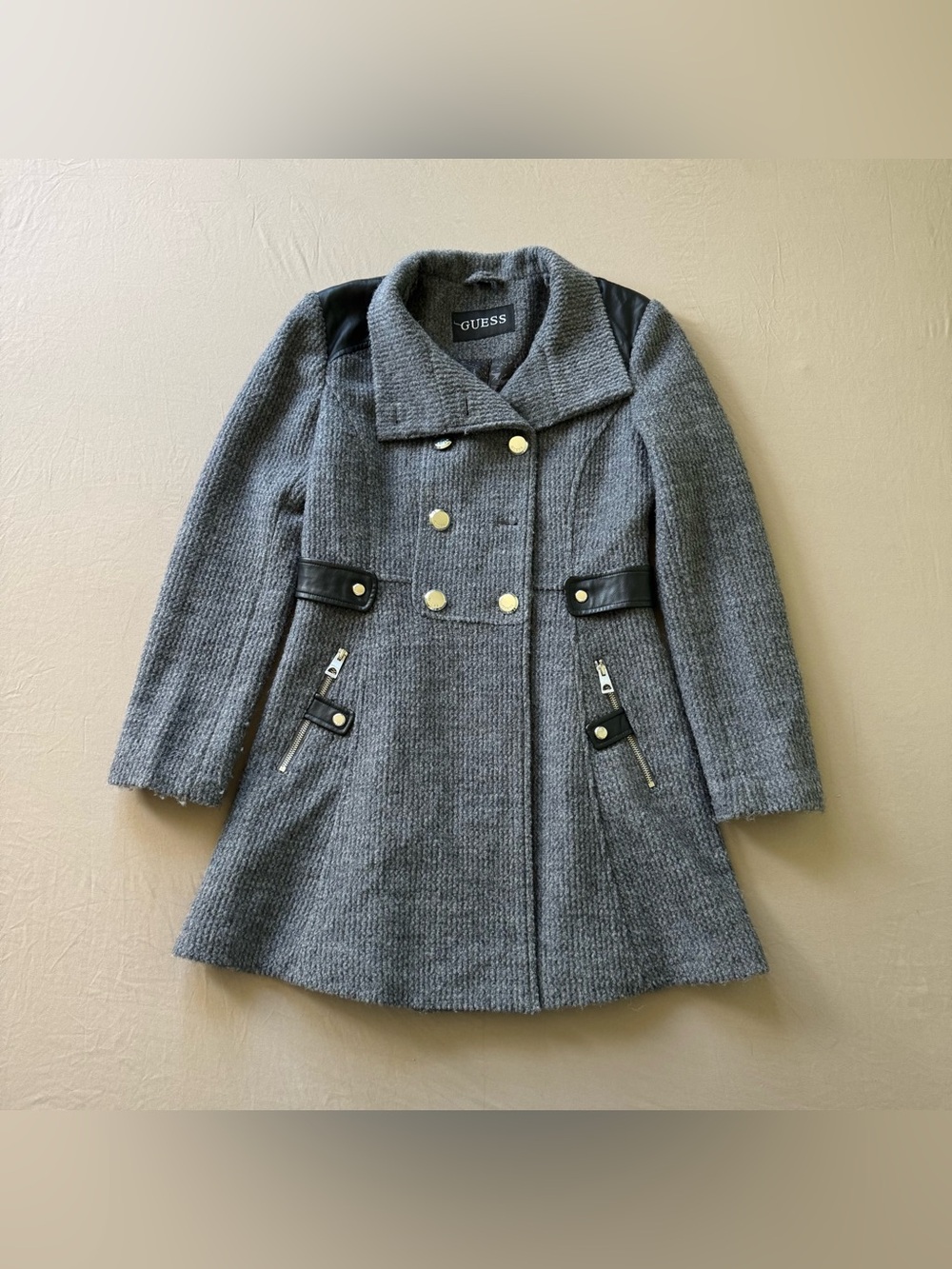 GUESS Wool double-breasted tweed pea coat